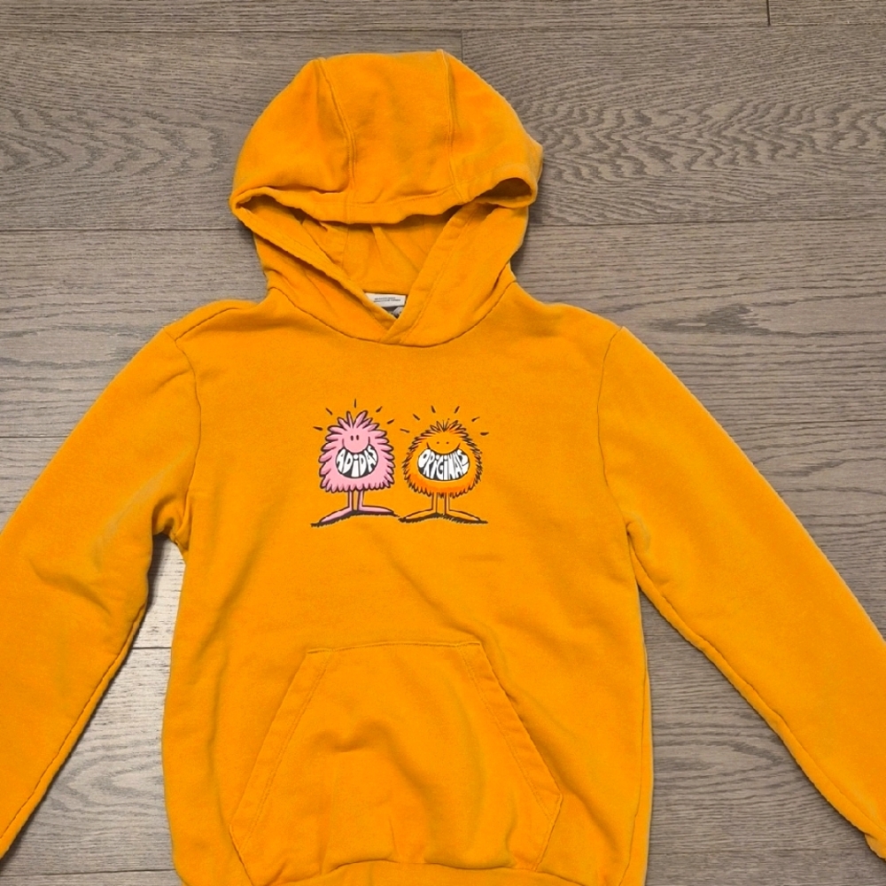 adidas Kids Vibrant Orange Hoodie with Fun Cartoon Design Size M 11-12
